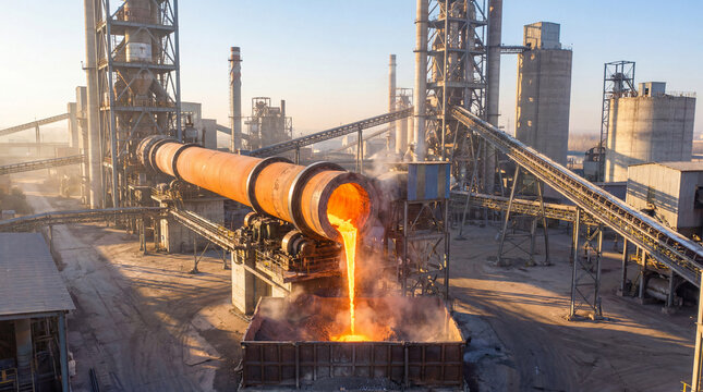 Molten clinker pours from a huge rotary kiln at an industrial cement factory, crucial for building material production