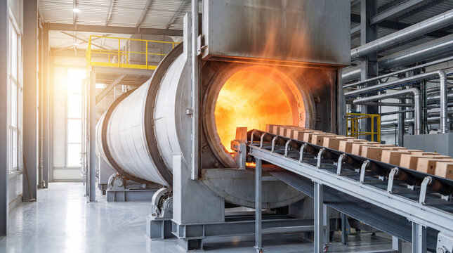 Materials on a conveyor belt enter a high-temperature rotary kiln with intense flames in a modern industrial production plant