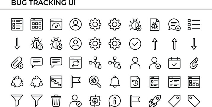 Bug tracking user interface line icon set with issue management debugging symbols for software development apps dashboards and systems