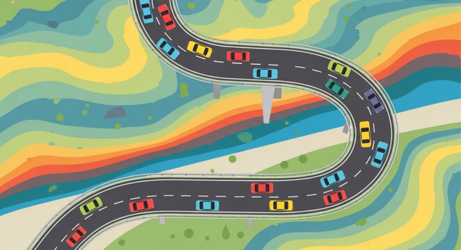 Winding Road with Many Cars Traffic Jam Illustration.