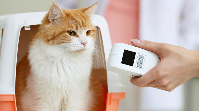 Tabby cat in a carrier being scanned with microchip reader
