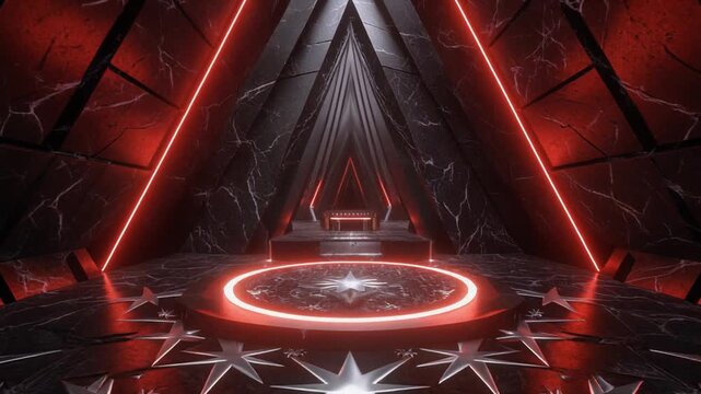 Futuristic Sci-Fi Throne Room with Neon Red Lighting and Geometric Patterns