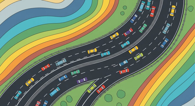 Busy highway traffic jam with colorful abstract background.