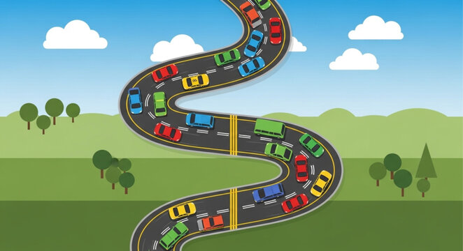 Winding Road Filled With Colorful Cars in Traffic Jam.