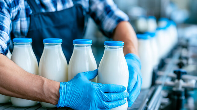 A worker wearing gloves arranges fresh milk bottles on a conveyor line
