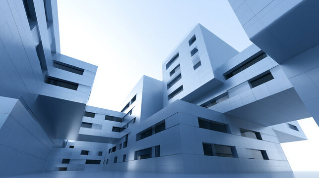Abstract blue building blocks form a complex modular architectural structure under sky
