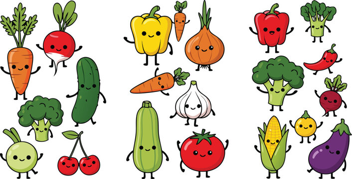 Cute vegetable cartoon vector illustration set featuring funny healthy veggie characters isolated kawaii food collection