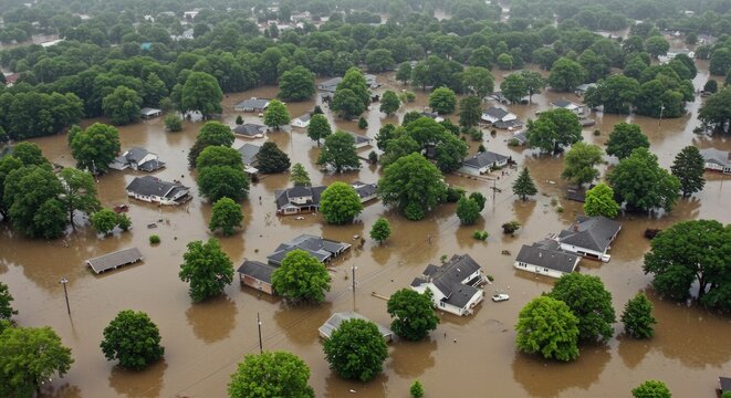 Aerial view of a suburban neighborhood submerged in brown floodwater after a major storm.