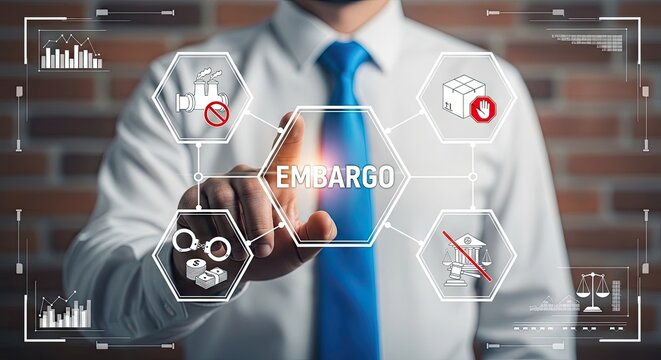 Businessman in white shirt and blue tie interacting with virtual embargo interface on touchscreen with hexagons and icons