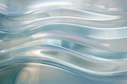 Abstract close-up of flowing translucent blue-green plastic waves under soft natural light, smooth rippling texture, modern material design concept for packaging, technology, or artistic installations