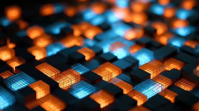 Abstract grid background with scattered square cells glowing bright orange and radiant blue amid dark unlit blocks, irregular mixed color layout, subtle fine mesh screen texture overlaying all luminou
