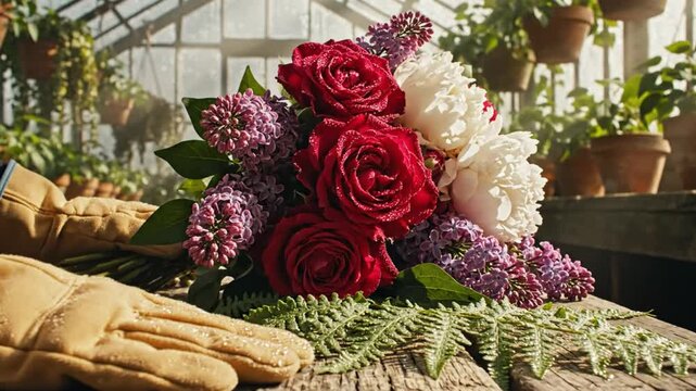 Closeup of a beautiful flower bouquet in a greenhouse, resting on a weathered wooden table with gardening gloves.