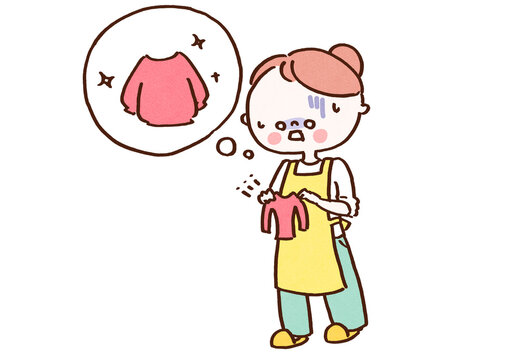 Woman holding her favorite knit sweater that shrunk in the dryer in shock, laundry mistake concept