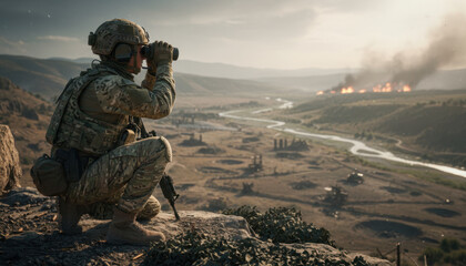 Naklejka premium Military Soldier Observing Battlefield Through Binoculars From Elevated Terrain