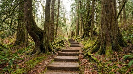 Fototapeta premium Enchanting Forest Path with Moss-Covered Trees and Wooden Steps.