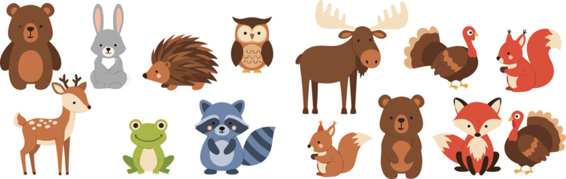 Cute woodland animal cartoon vector illustration set featuring bear fox raccoon deer moose owl and forest wildlife collection