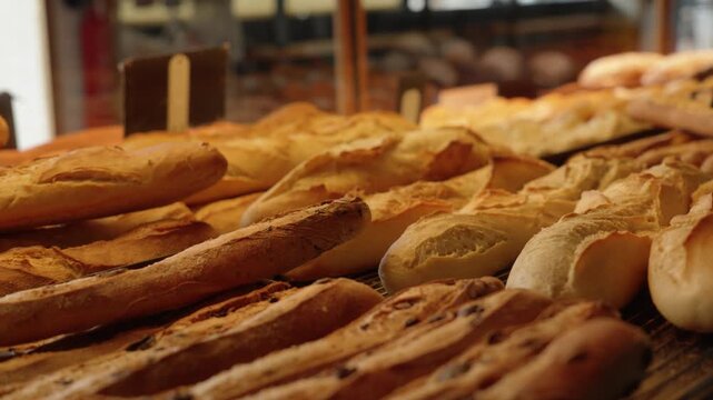 Fresh golden baguettes in a traditional French bakery. Focus on the crispy crust and artisanal bread display in a pastry shop.