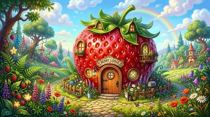 Obraz premium Whimsical Red Apple House with Garden Path in Enchanted Forest Landscape Illustration