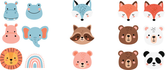 Cute woodland animal face cartoon vector illustration set featuring fox bear panda raccoon elephant and safari nursery characters © Bokul