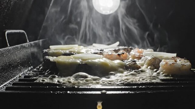 Black and white close-up of a griddle grilling steak, shrimp, and onions with bubbling oil and steam