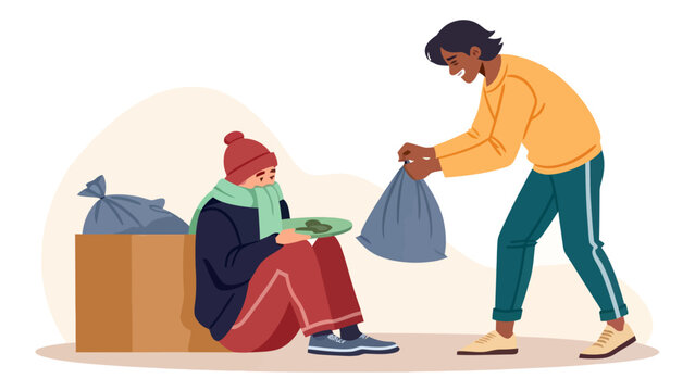 Kind person offering food to a homeless person with homelessness donation kindness generosity benevolence compassion assistance humanitarian suffering volunteering receiving situation