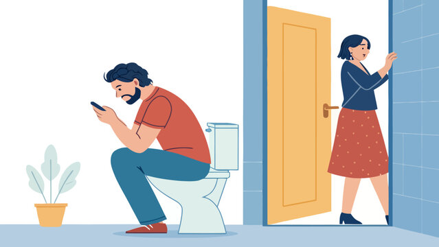 Man using smartphone while sitting on a toilet woman looking through doorway bathroom smartphone dependency interruption domestic illustration contemporary personal distraction technology