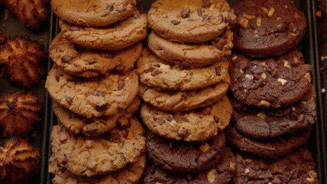 Freshly baked cookies assortment including chocolate chip, dark cocoa, and coconut macaroons on a tray in a professional bakery display.