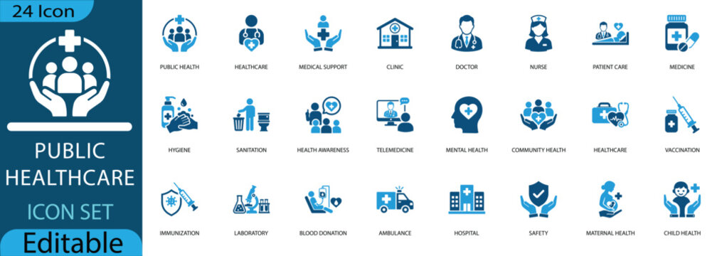 Public healthcare icon set featuring medical support, hospital, telemedicine, and vaccination symbols. Editable blue vector icons for clinic, hygiene, and community health.