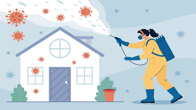 Person in protective suit disinfecting house against viruses with public health spray bottle hazmat suit health care disease control disinfection spraying cleaning sanitation prevention
