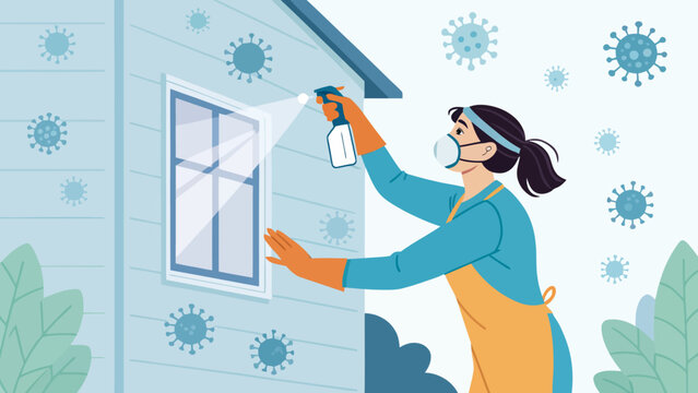 Person in protective gear spraying window to prevent virus spread with cleaning supplies health care public health personal protection spraying prevention cleaning disinfection sanitation