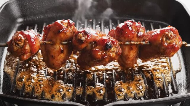 Close up of grilling chicken wings with glaze on a cast iron pan with steam