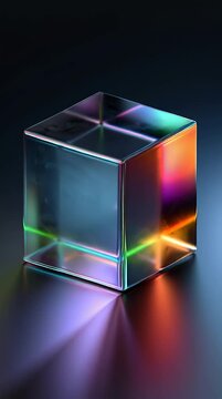 A transparent glass cube with colorful refracted light on a dark background