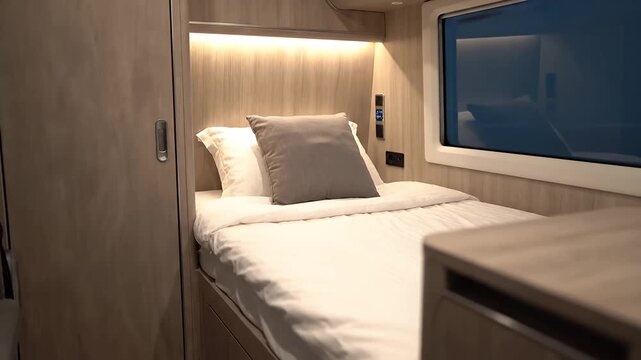Cozy bedroom interior with single bed and pillows in a camper van at night