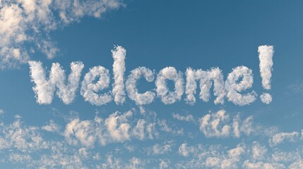 Naklejka premium Realistic Blue Sky Background with White Cloud Typography Spelling Welcome, Natural Minimal Inspirational Scene with Clean Commercial Composition