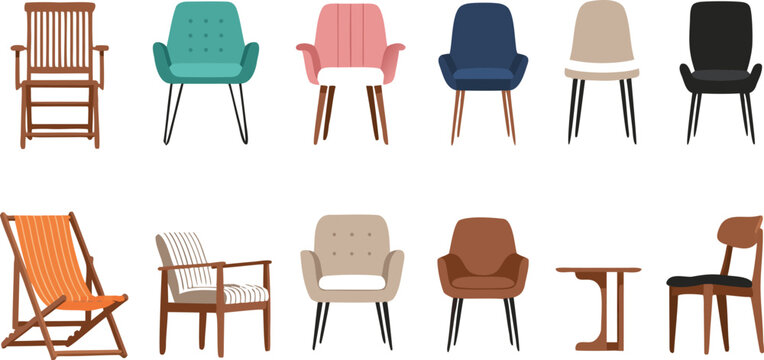 Modern chair and furniture vector illustration set featuring stylish armchairs dining chairs and home interior seating collection