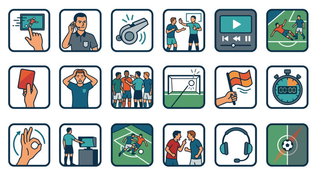 Soccer Referee and VAR Vector Icon Set Featuring Video Assistant Referee Technology, Match Official Signals, Red Card, Whistle, Linesman Flag, Goal, and Football Game Monitoring.