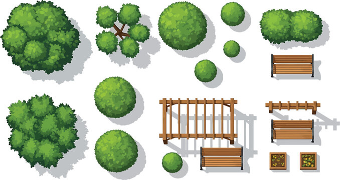 Top view park elements set with green trees, wooden benches, and pergola for landscape design and architectural site planning