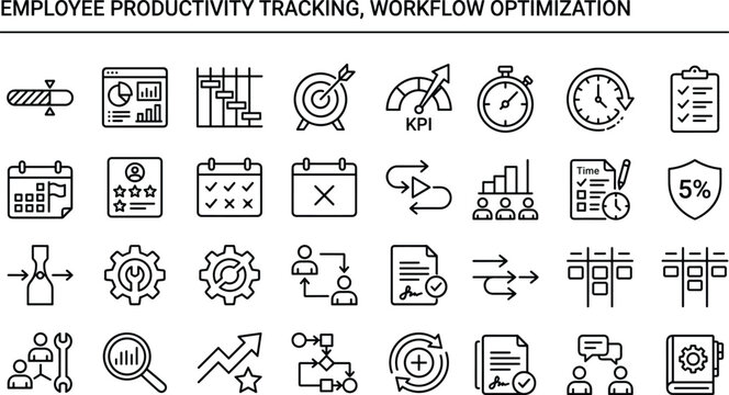 Employee productivity tracking and workflow optimization line icon set for business performance management analytics and efficiency systems design