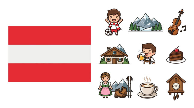 Vector illustration of Austria national flag and cultural icons including chibi characters in dirndl and lederhosen, Alpine mountains, chalet, Sacher Torte, violin, and hiking gear.