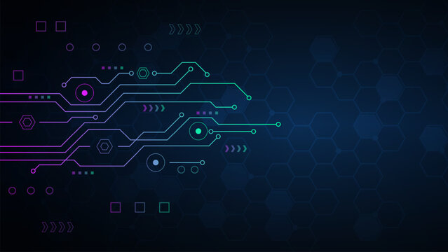 Abstract digital technology background with purple and green circuit board lines