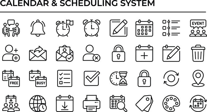 Calendar and scheduling system outline icon set with event planning, reminders, availability and time management symbols