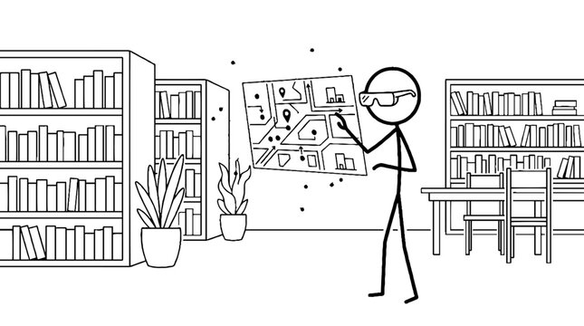 Person using virtual reality map in a library