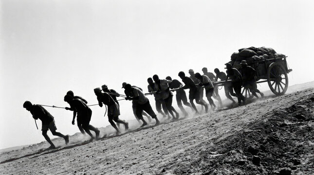 Distant Group of Men Pulling Cart Up Slope Black and White