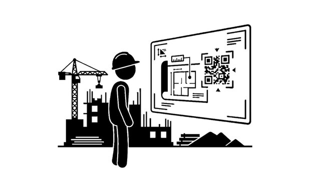 Construction worker viewing digital blueprint with qr code on site