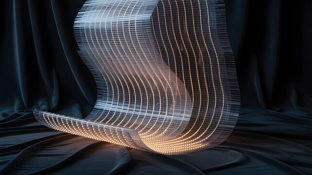 Transparent flexible electronic circuit board technology showcases innovative illuminated pathways on a dark draped fabric background.
