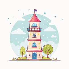 Obraz premium Cartoon Lighthouse with Trees and Clouds