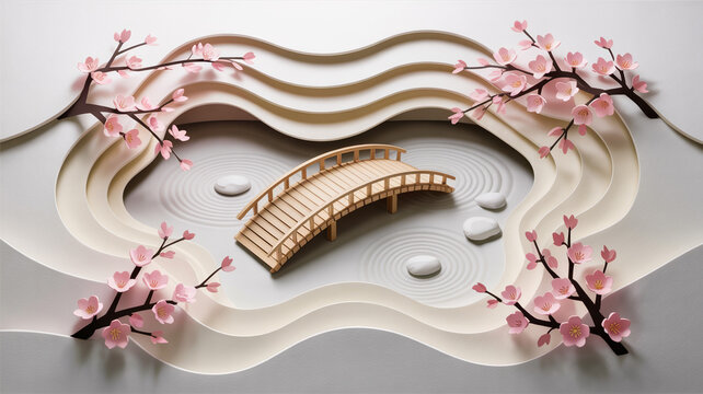 An Incredibly Detailed Layered Papercraft Illustration Of A Serene Japanese Zen Garden, Featuring Intricate Cutouts Of A