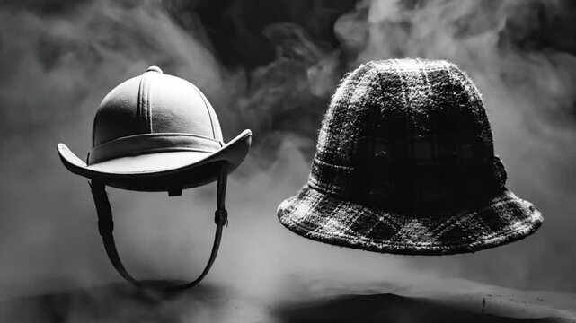 Black and white still life with two hats floating in mysterious smoky atmosphere evoking detective or investigation themes.