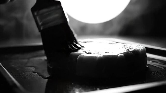 Black and white close up of a chef glazing a thick cut of meat with a brush on a dark baking tray, steam and lighting