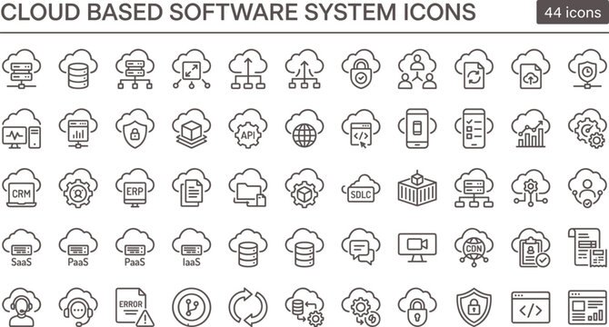 Cloud based software system icon set in modern outline style for application infrastructure dashboard interface and digital platform solutions